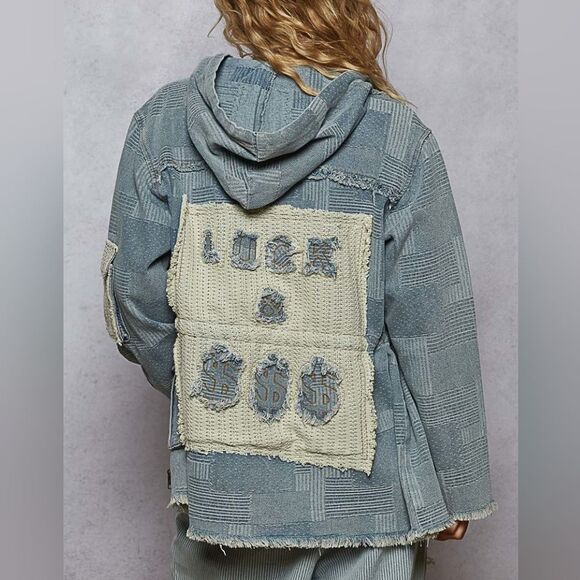 POL Raw Hem Drawstring Zip Up Hooded Denim Jacket Patchwork "Luck & $$$" - Picture 7 of 9